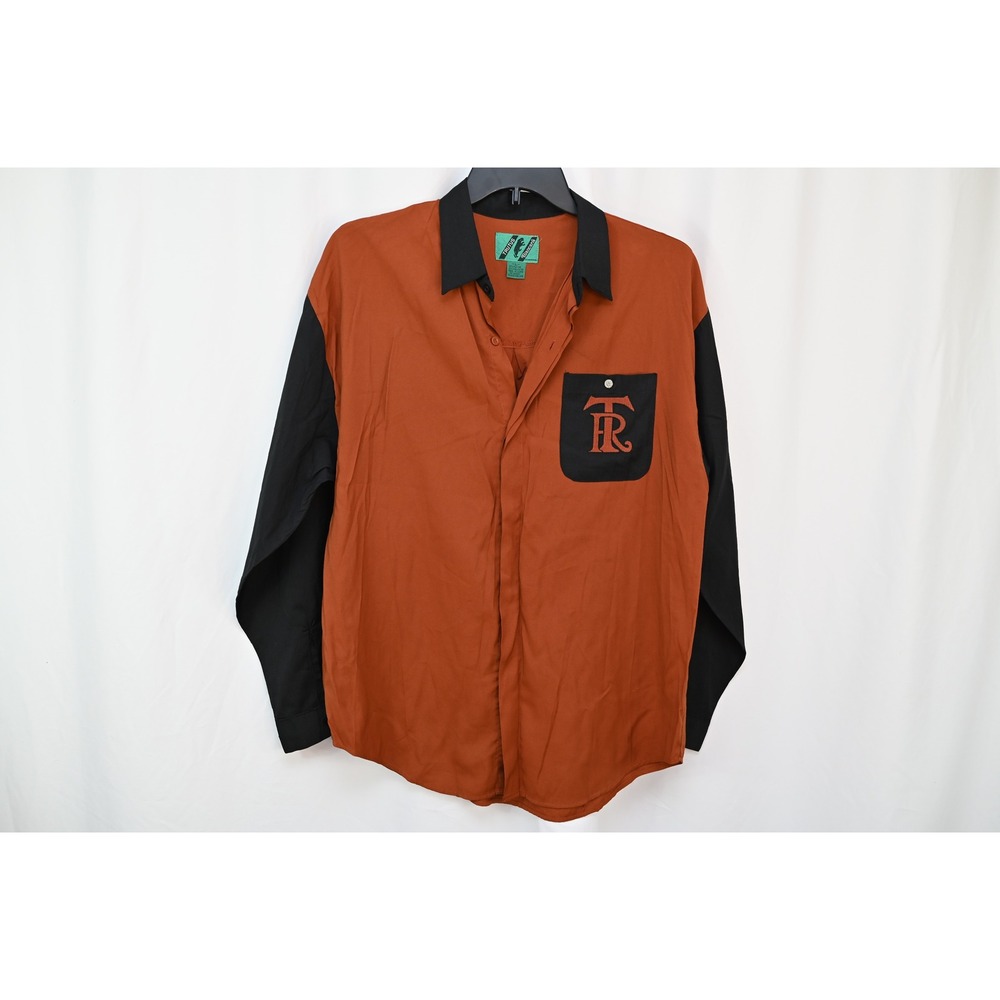 Trutus Biancarla Mens Large Orange Black Color Block Button Up Shirt Rayon Blend